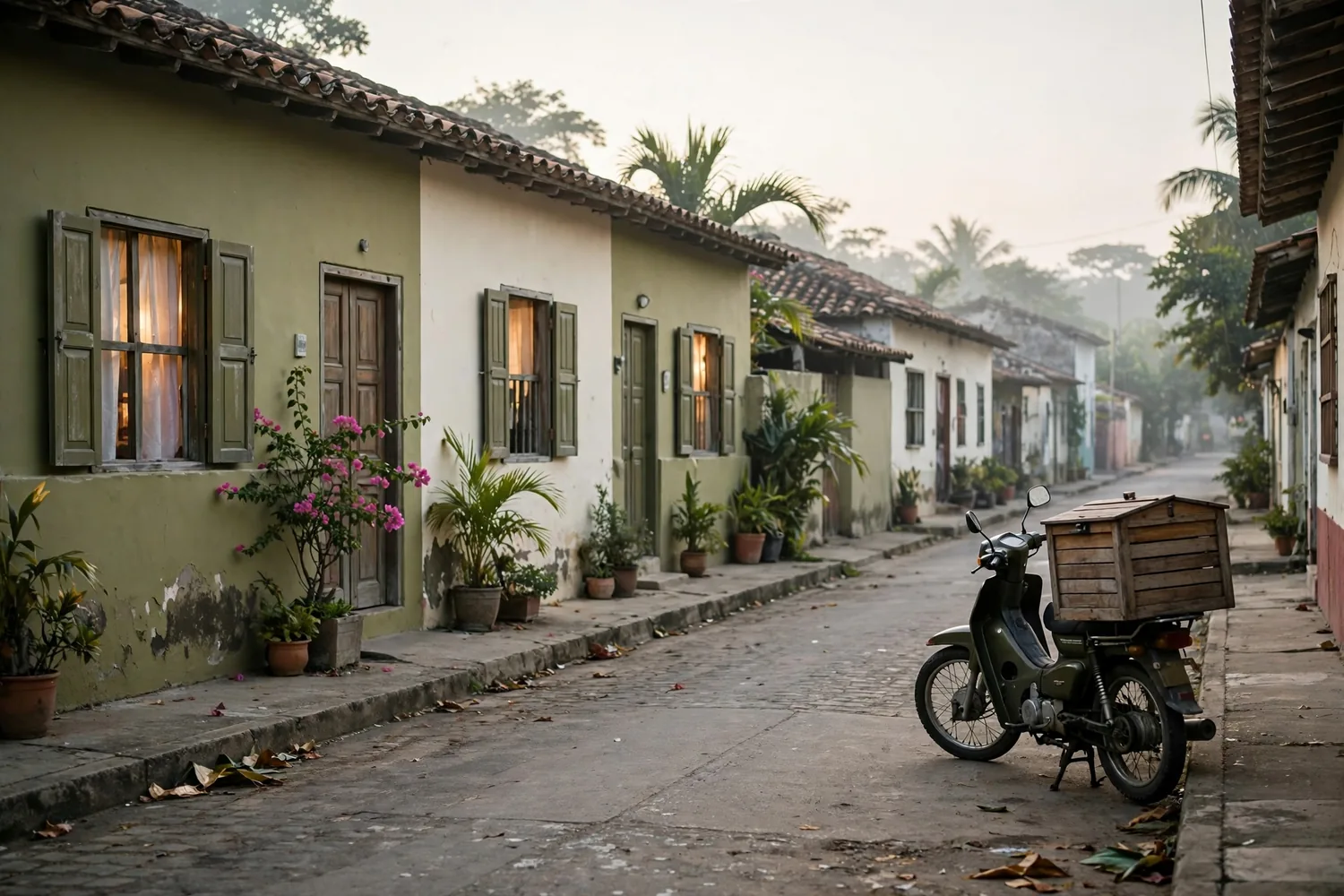 A small-town street at dawn