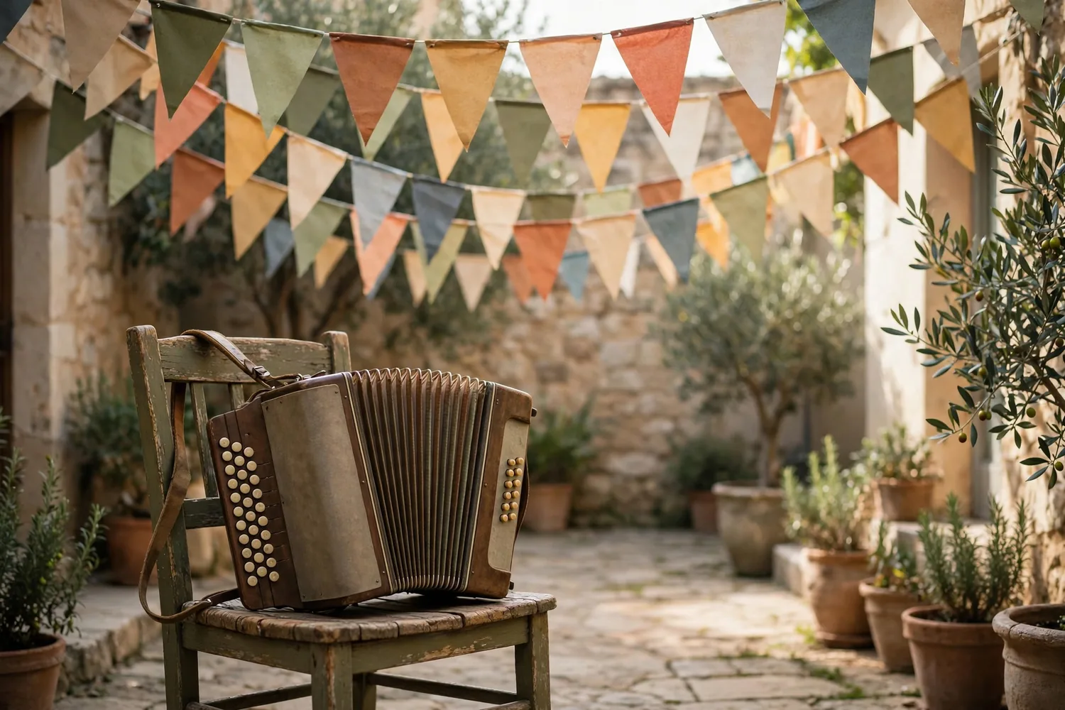 An accordion under paper bunting