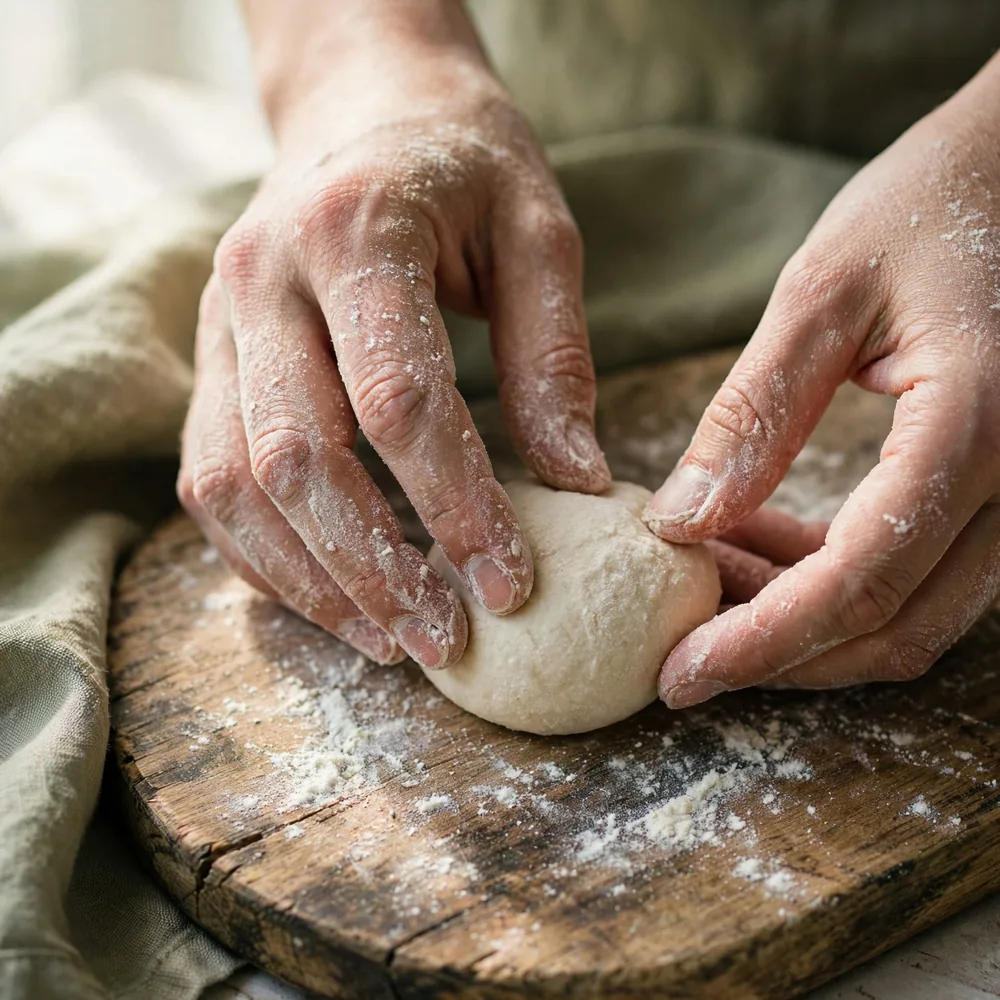 Hands shaping dough