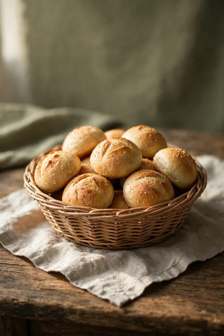 A basket of bread rolls on linen