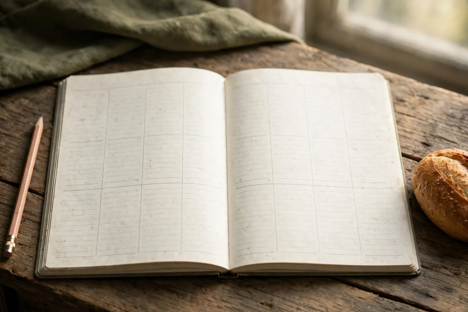A weekly planner and a bread roll